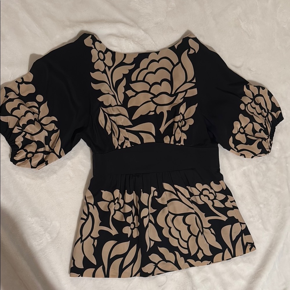 Tibi Tan and Black Puff Sleeve Ruffled Blouse